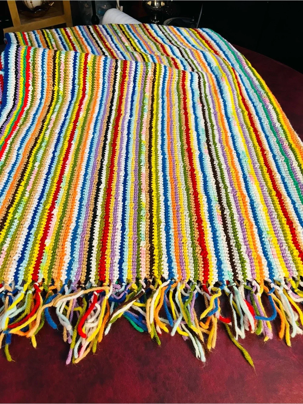 Vintage Handmade Crochet Afghan Blanket Multi Color Striped Boho 48”x52”